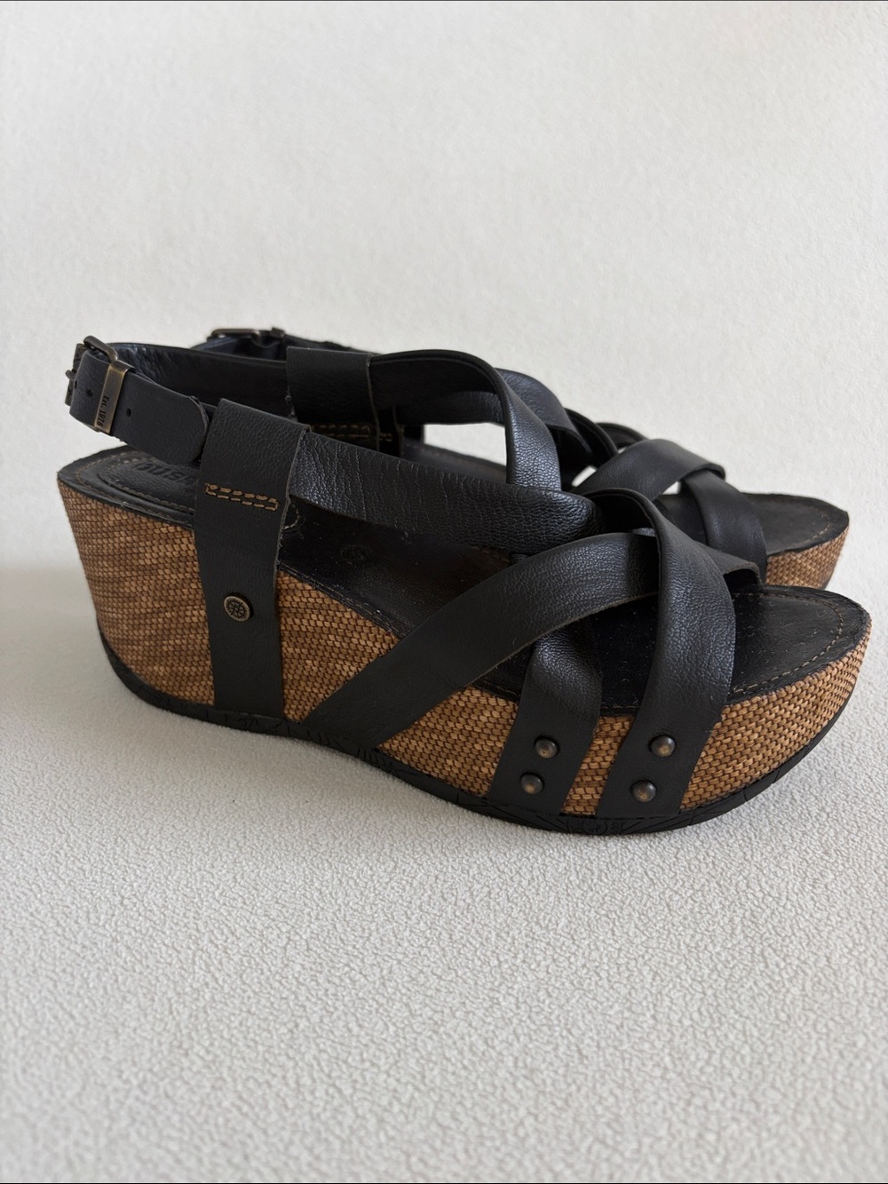 bussola Formentera Black Leather Straps Wedge Sandals with Brown Woven Platform